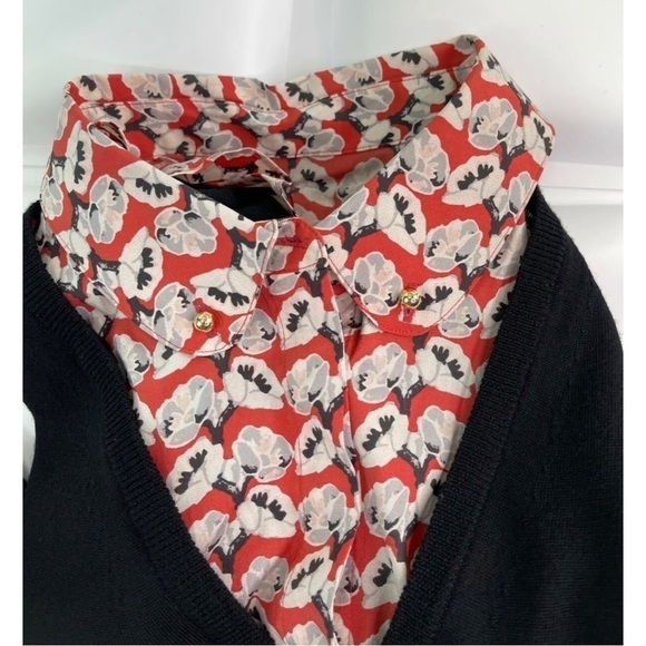 Tory Burch Women Sz M Black Merino Wool V Neck Layered Sweater Floral Silk Shirt - Picture 7 of 9